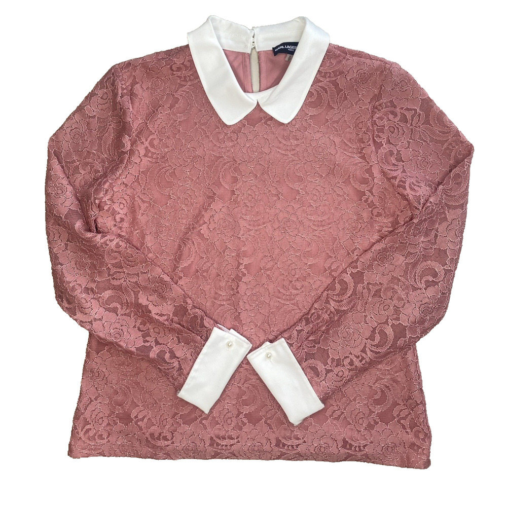 Karl Lagerfeld Shirt Womens Size Small Pink & White Floral Lace Collar Blouse - Picture 9 of 11
